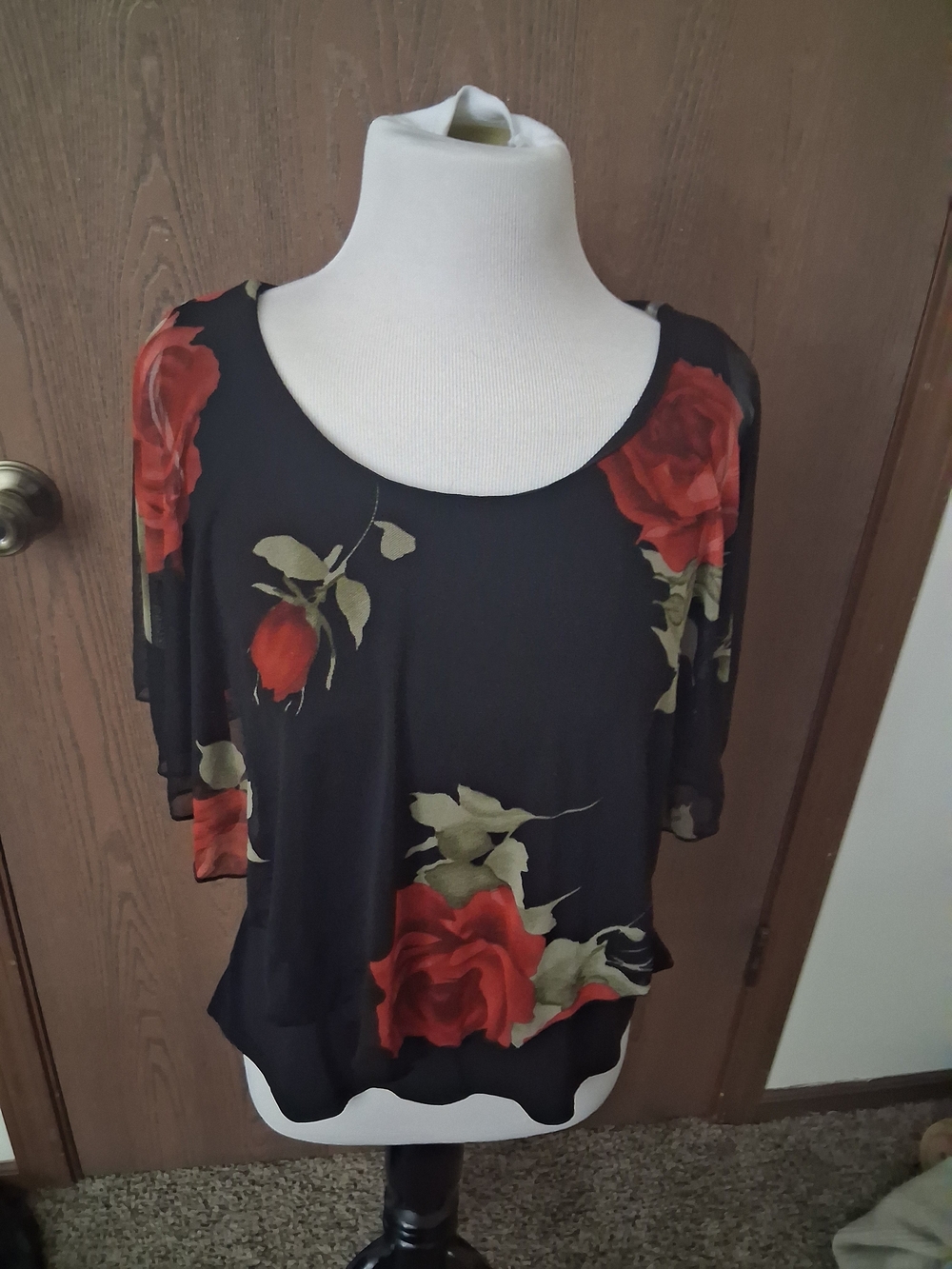 Black Floral Short Sleeve Blouse with Red Rose Print